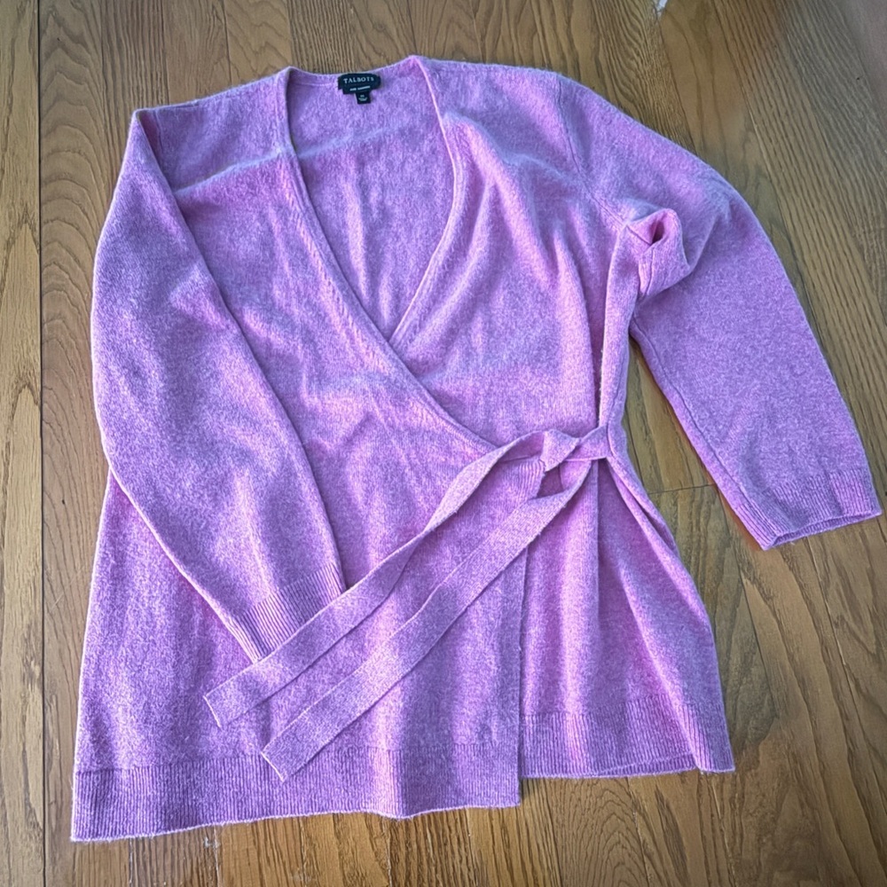 Talbots 100% Cashmere Sweater Surplice Wrap Pink Purple Medium Top - Picture 2 of 3